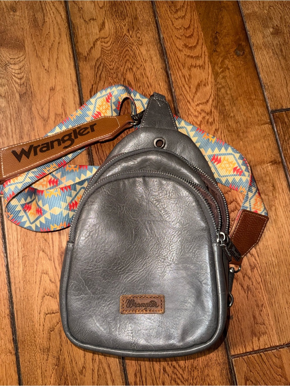 Wrangler Gray Sling Bag with Multicolor Patterned Strap
